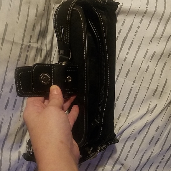 Gitana Black Shoulder Bag w/ Belt Buckle snap button front w/ zipper - Picture 2 of 12